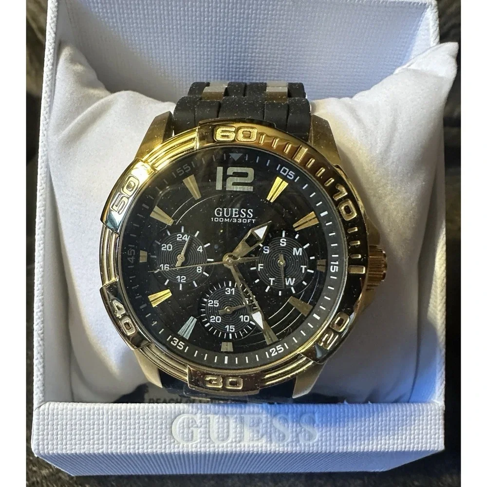 Guess Men's Iconic Black‎ Dial Gold Tone Silicone Band Analog Watch NIB